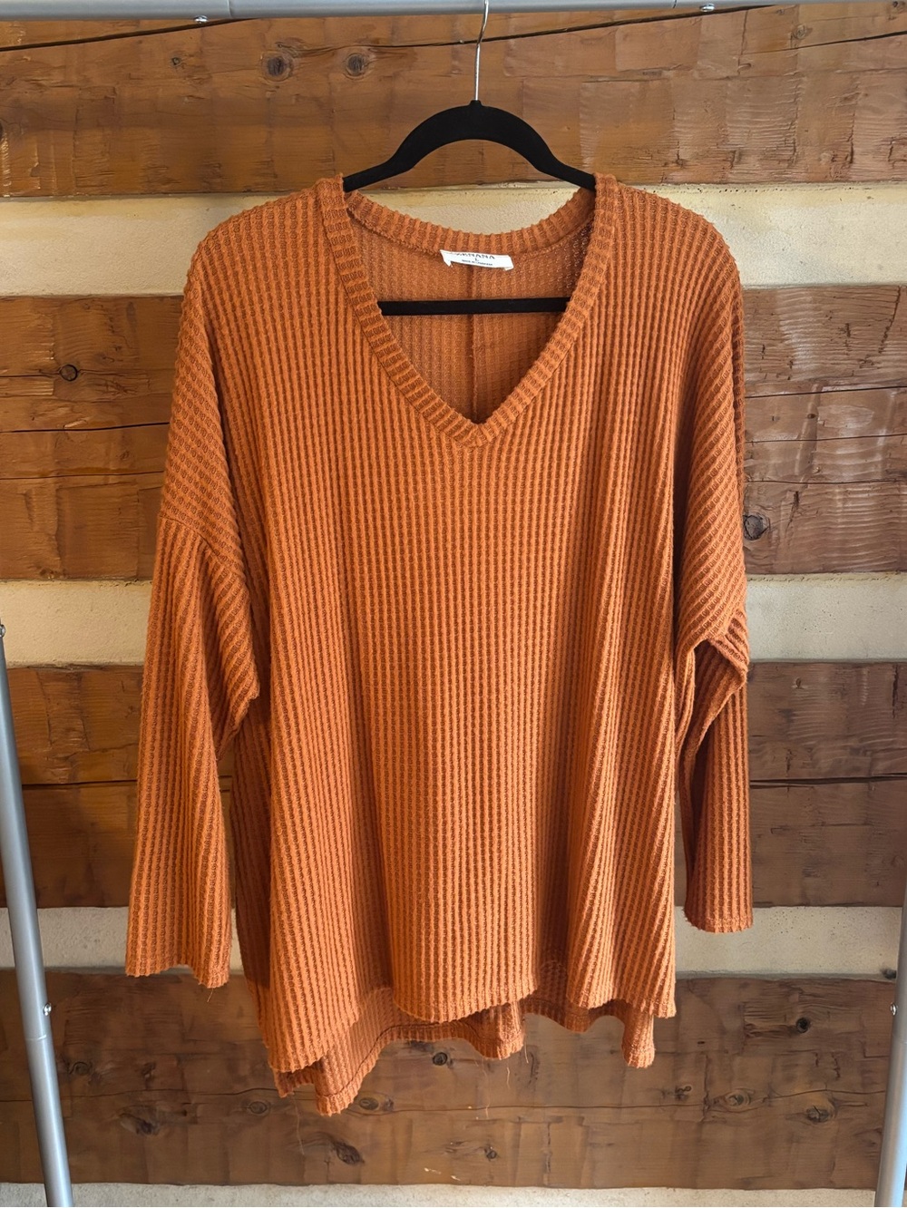 Zenana Outfitters Waffle Knit V-Neck Top in Rust